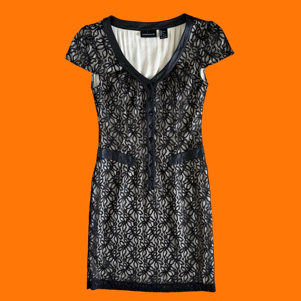 00's vintage black lace silk lined leather y2k dress Size 2 moda international